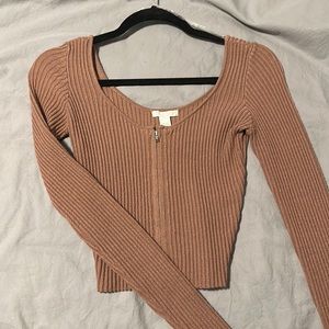Brown cropped zip up long sleeve